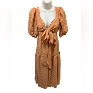 Lulus Hello Sweetheart Peach Plaid Puff Sleeve Tiered Midi Dress S Cottagecore